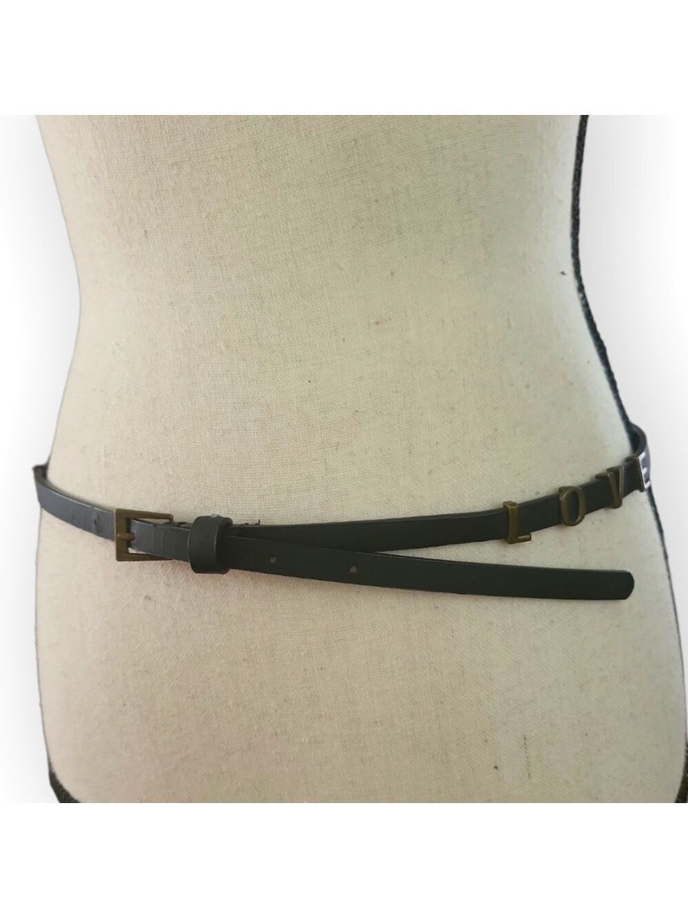 Black Faux Leather Antique Goldtone LOVE Detail Skinny Belt Size 3